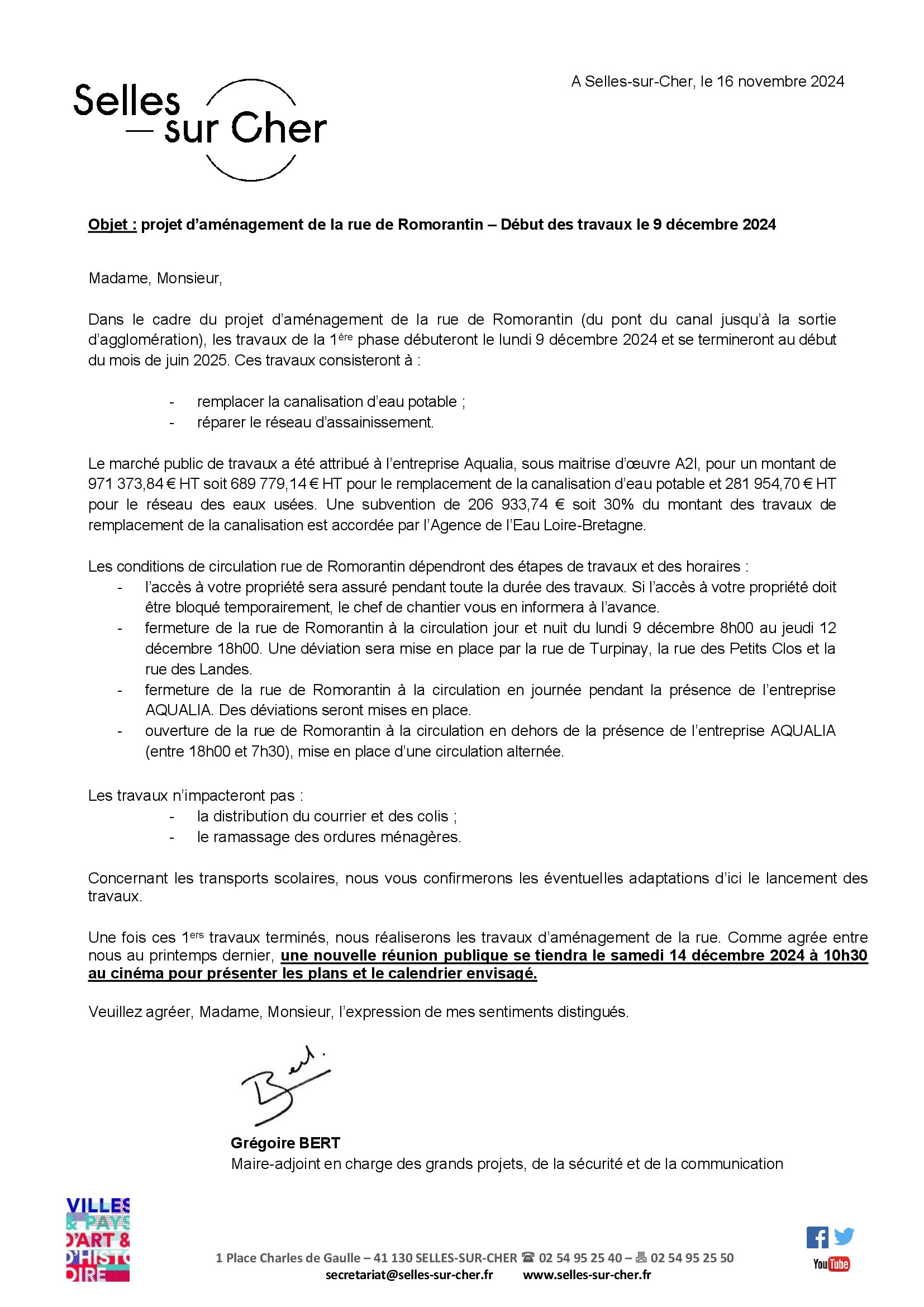 Lettre de cadrage aux riverains - Travaux rue de Romorantin